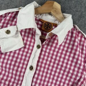 Tory Burch Shirt Womens 4 Pink White Gingham Button Down Contrast Collar Cuffs